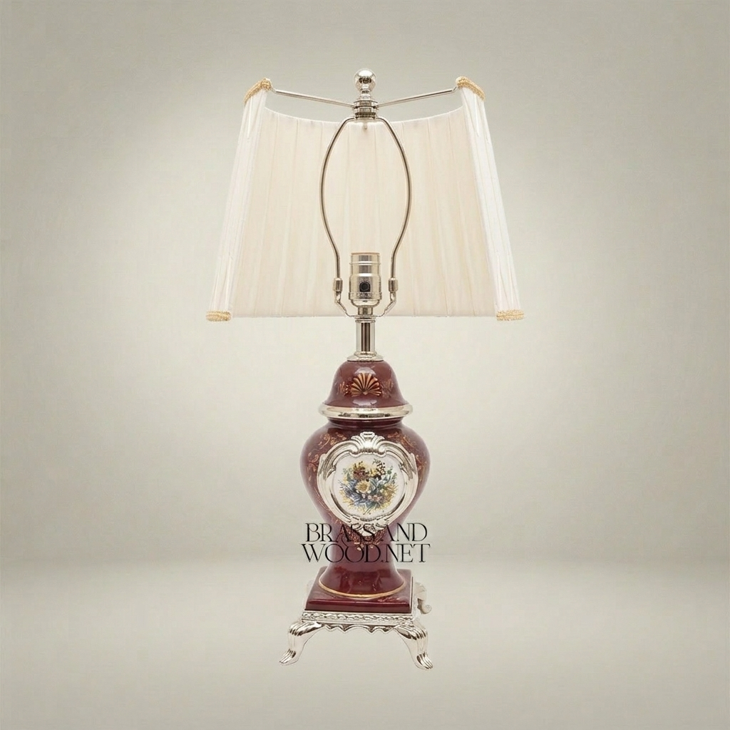 Classical Baroque Ceramic Table Lamp - Hand-Painted Medallion & Ornate Brass Base — Silver
