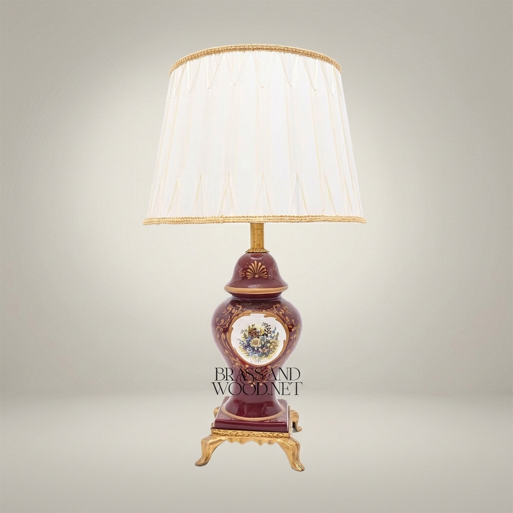 Classical Baroque Ceramic Table Lamp - Hand-Painted Medallion & Ornate Brass Base — Antique Gold