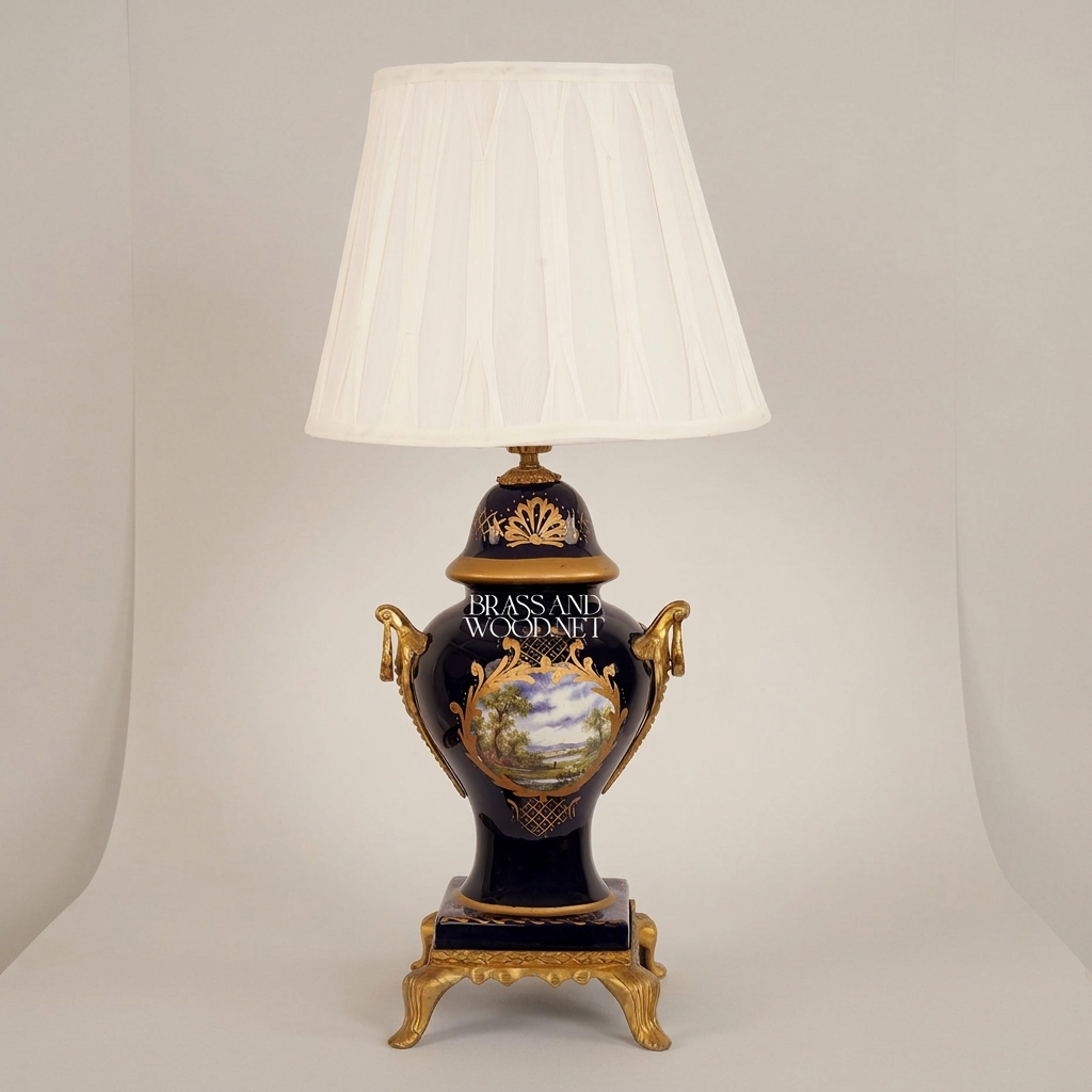Classical Baroque Ceramic Urn Table Lamp - Floral Medallion & Sculpted Handles — Antique Gold