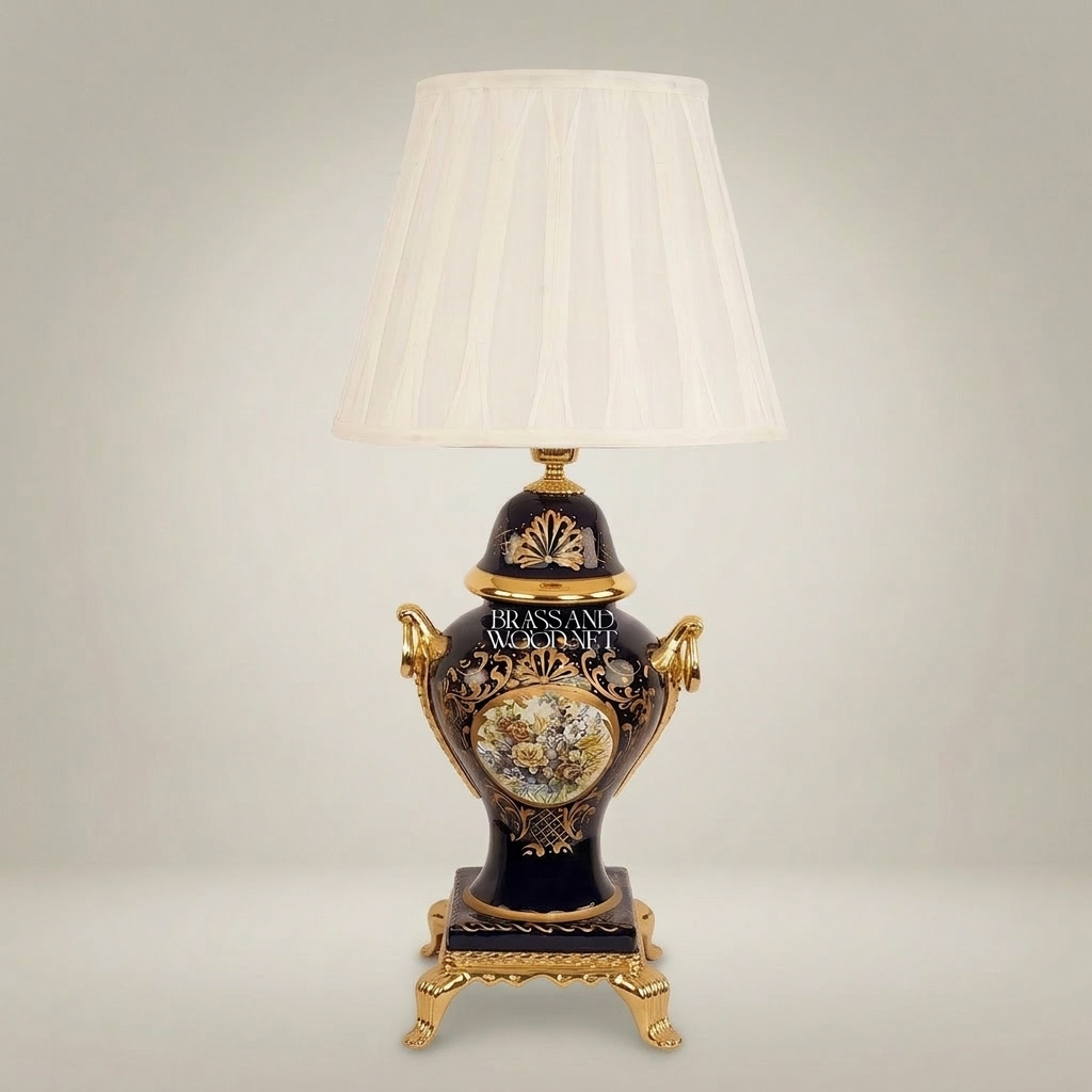Classical Baroque Ceramic Urn Table Lamp - Floral Medallion & Sculpted Handles