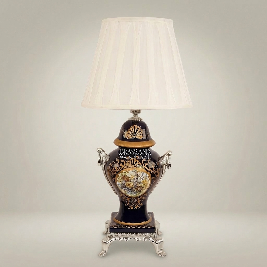 Classical Baroque Ceramic Urn Table Lamp - Floral Medallion & Sculpted Handles — Silver