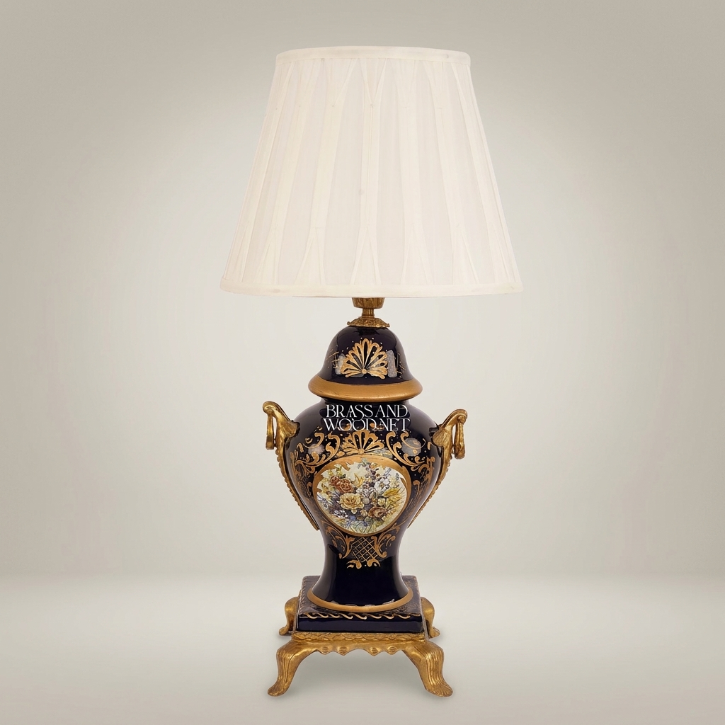 Classical Baroque Ceramic Urn Table Lamp - Floral Medallion & Sculpted Handles — Antique Gold