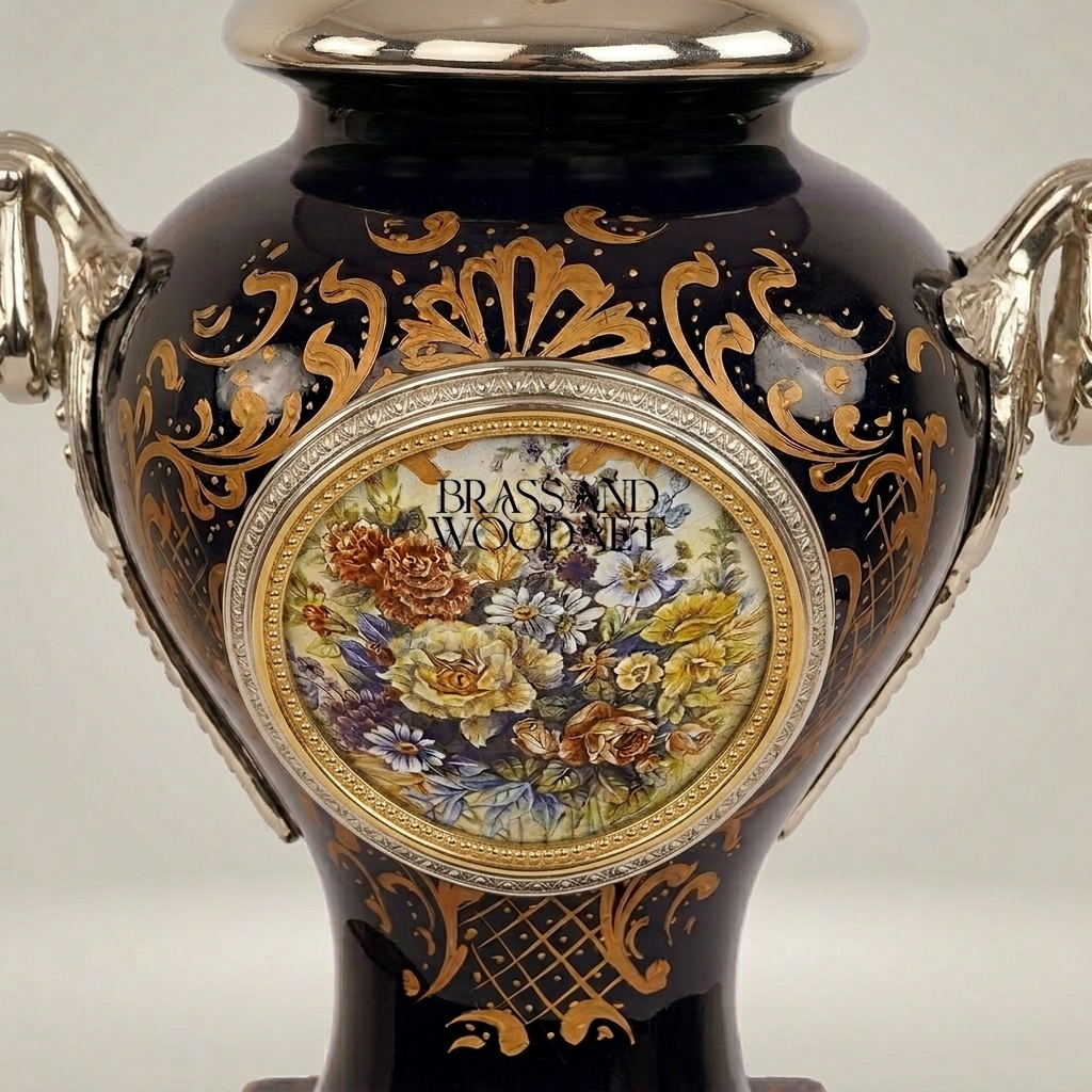Classical Baroque Ceramic Urn Table Lamp - Floral Medallion & Sculpted Handles — Silver