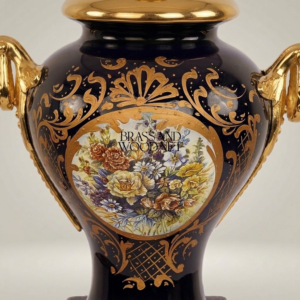 Classical Baroque Ceramic Urn Table Lamp - Floral Medallion & Sculpted Handles — Gold