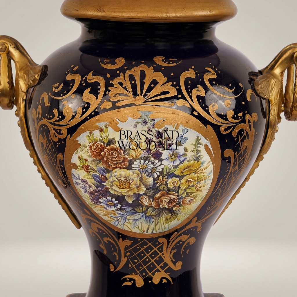 Classical Baroque Ceramic Urn Table Lamp - Floral Medallion & Sculpted Handles — Antique Gold