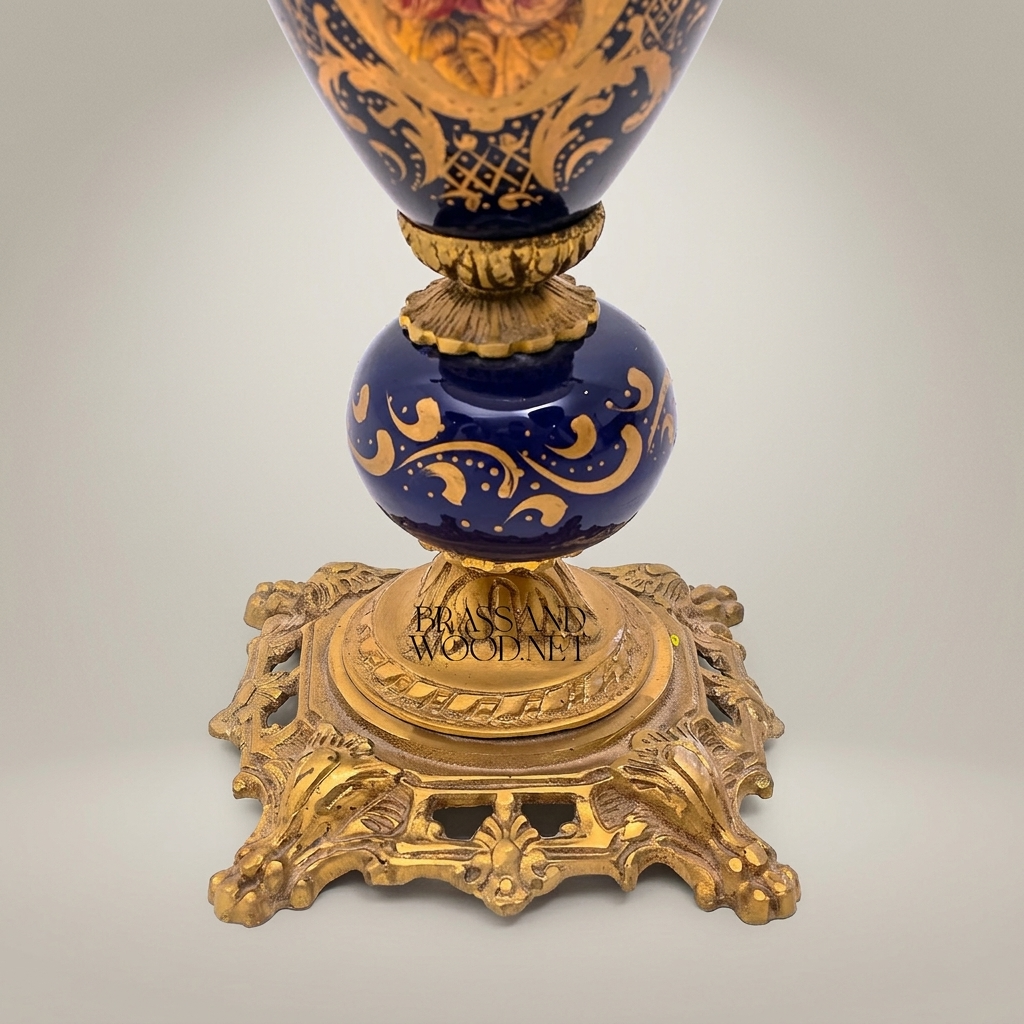 Classical Baroque Ceramic Urn Table Lamp - Hand-Painted Navy Blue Medallion — Antique Gold