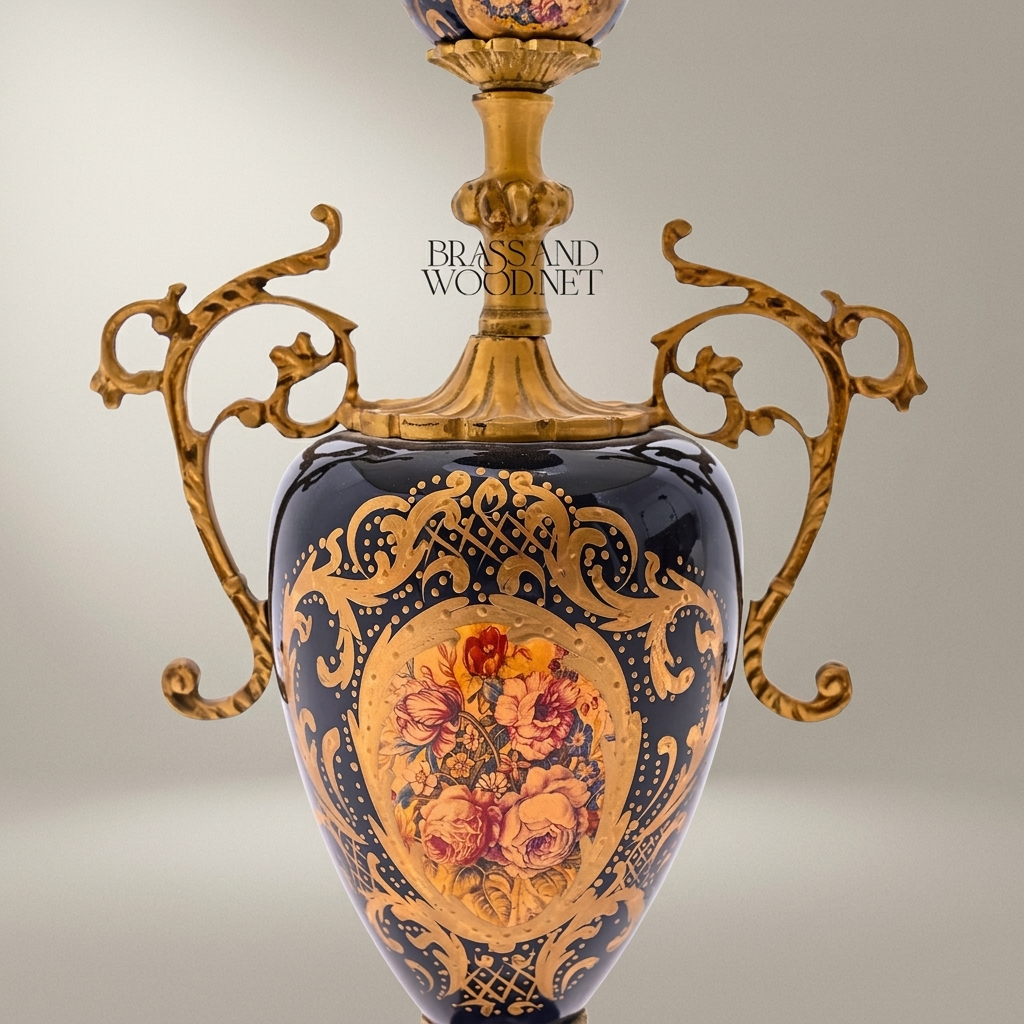 Classical Baroque Ceramic Urn Table Lamp - Hand-Painted Navy Blue Medallion — Antique Gold