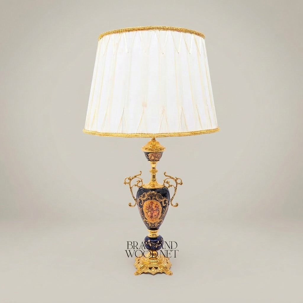 Classical Baroque Ceramic Urn Table Lamp - Hand-Painted Navy Blue Medallion