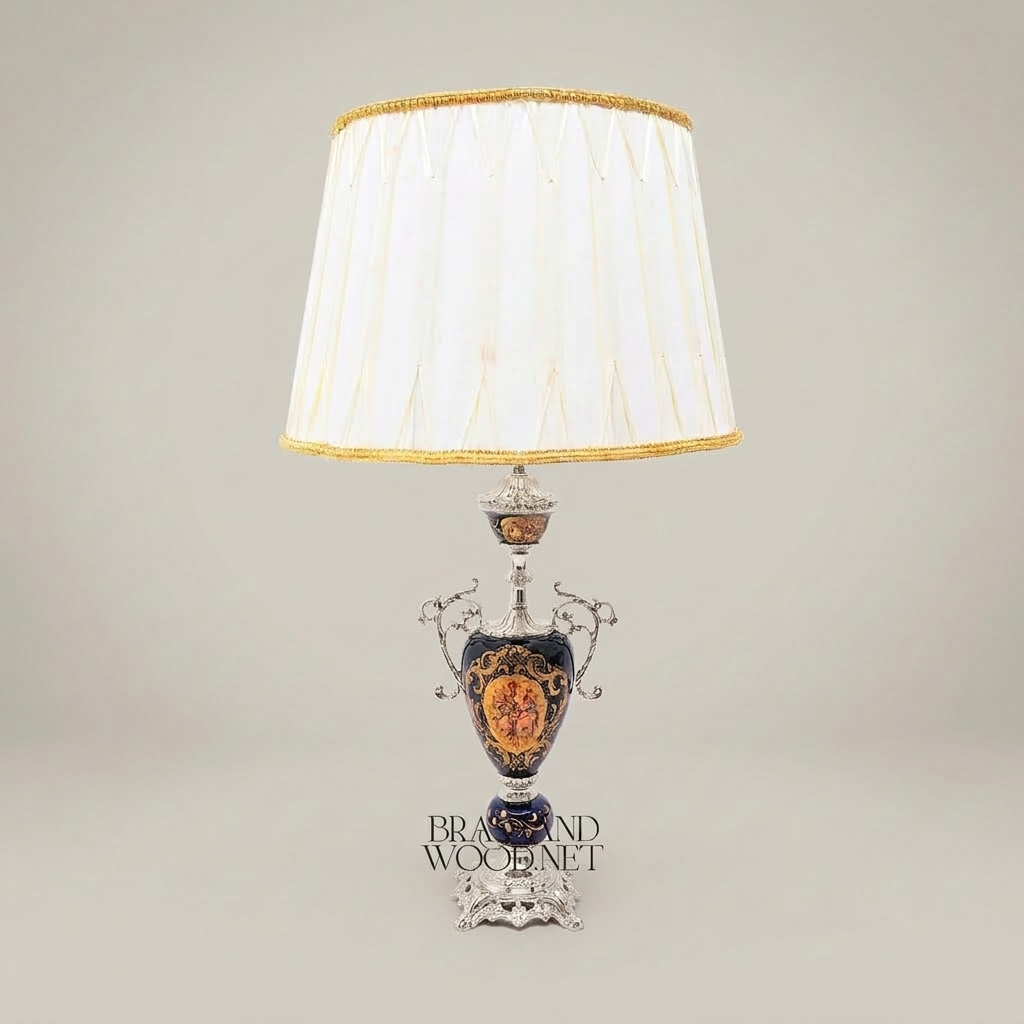 Classical Baroque Ceramic Urn Table Lamp - Hand-Painted Navy Blue Medallion — Silver