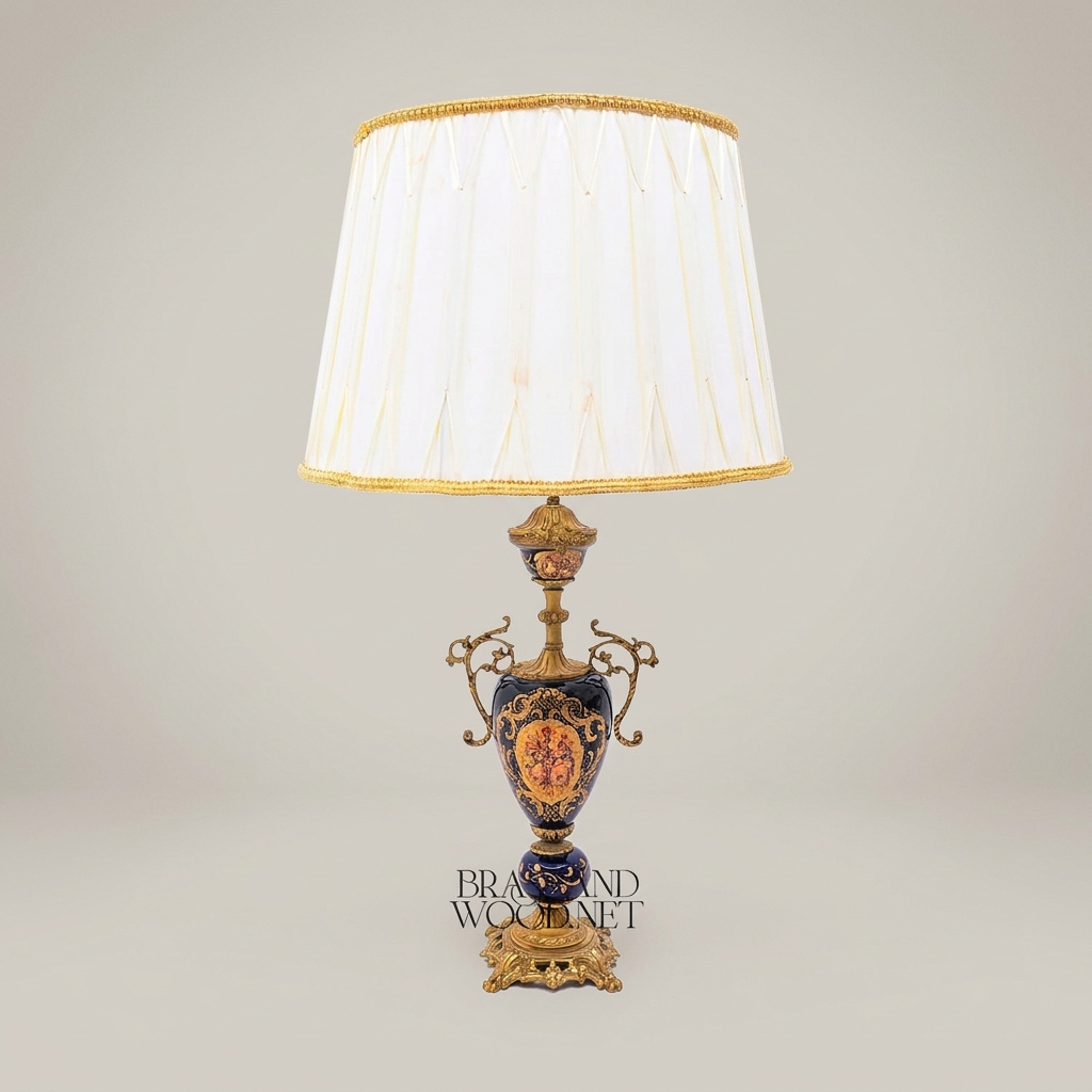 Classical Baroque Ceramic Urn Table Lamp - Hand-Painted Navy Blue Medallion — Antique Gold