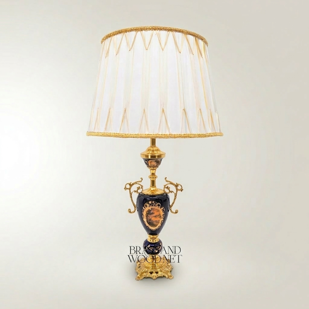 Classical Baroque Ceramic Urn Table Lamp - Hand-Painted Navy Blue Medallion — Gold