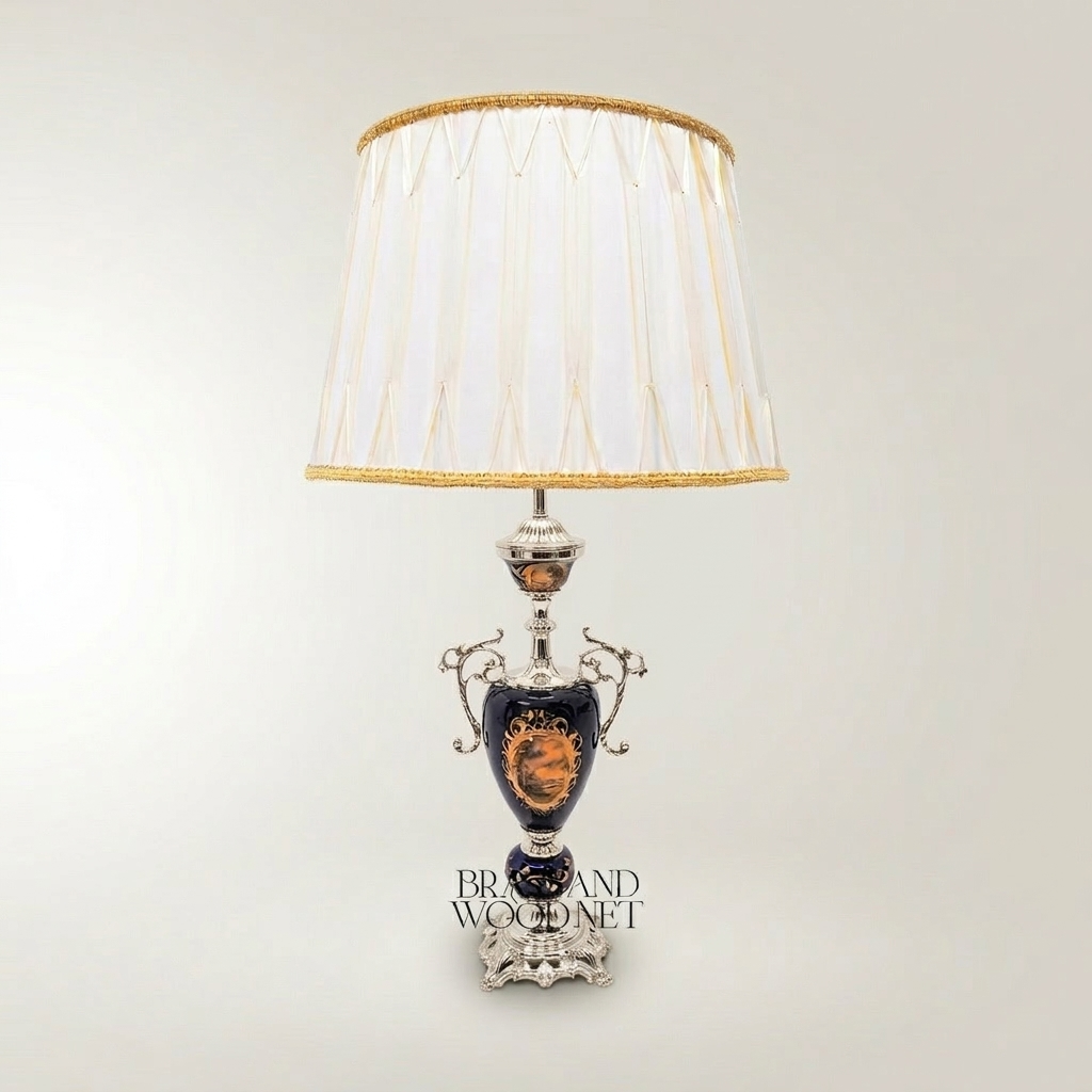 Classical Baroque Ceramic Urn Table Lamp - Hand-Painted Navy Blue Medallion — Silver