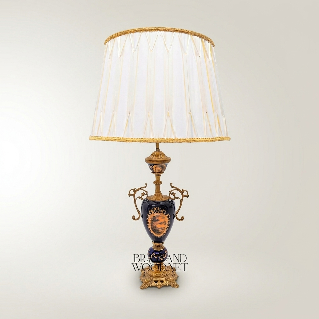 Classical Baroque Ceramic Urn Table Lamp - Hand-Painted Navy Blue Medallion — Antique Gold