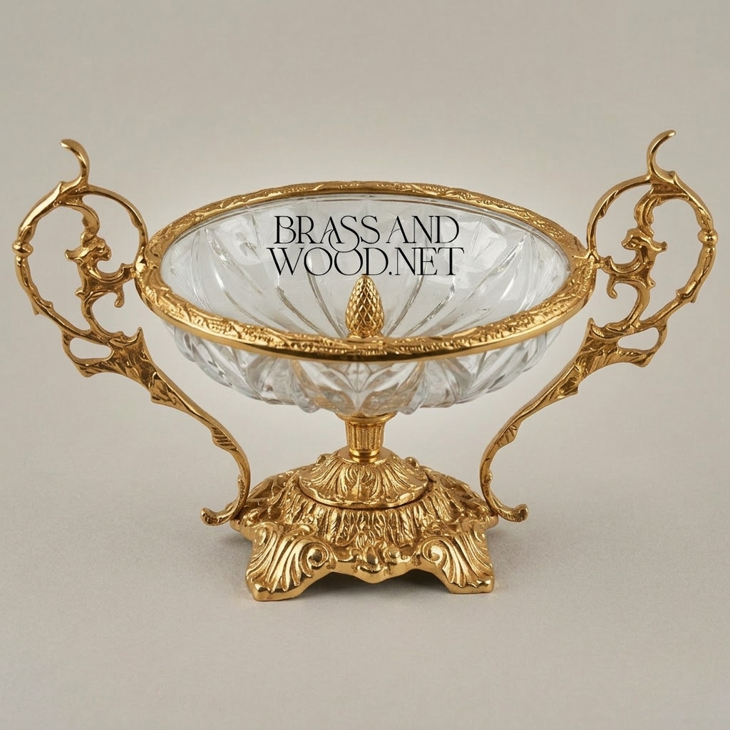 Classical Baroque Crystal & Brass Candy Bowl - Ornate Scrollwork Pedestal