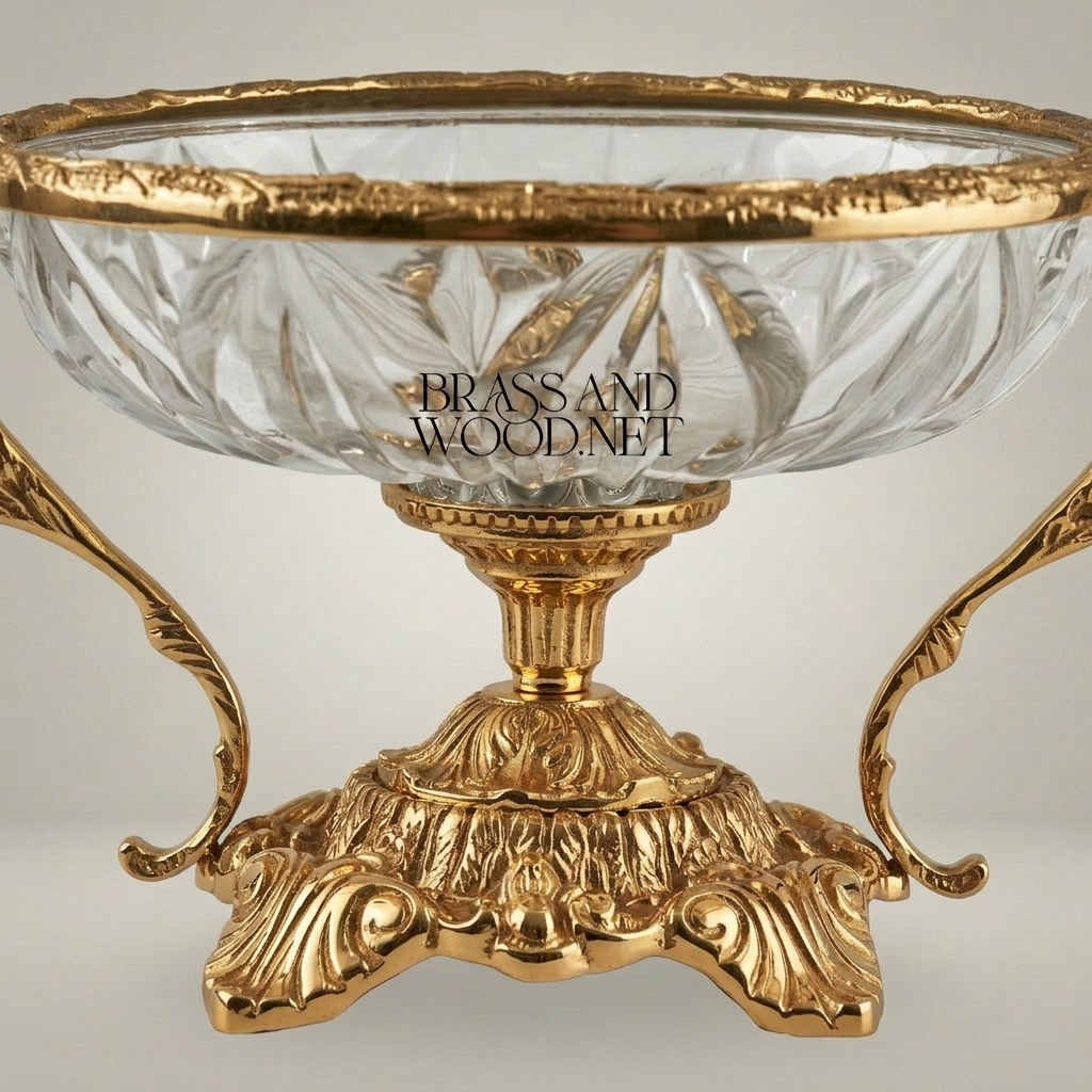 Classical Baroque Crystal & Brass Candy Bowl - Ornate Scrollwork Pedestal