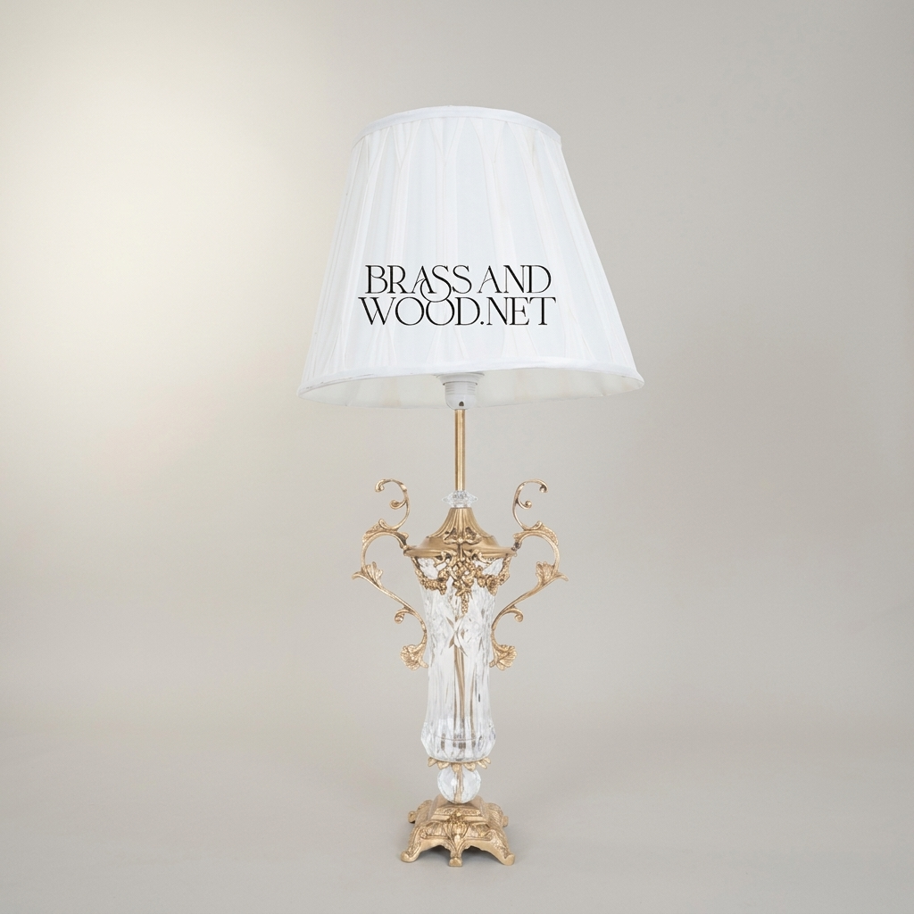 Classical Baroque Crystal & Brass Table Lamp - Ornate Scrollwork Urn Base — Antique Gold