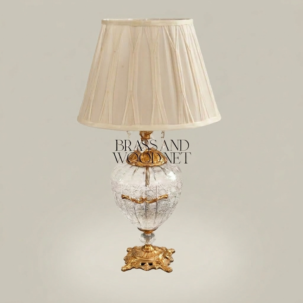 Classical Baroque Crystal & Brass Table Lamp - Ornate Engraved Globe Base