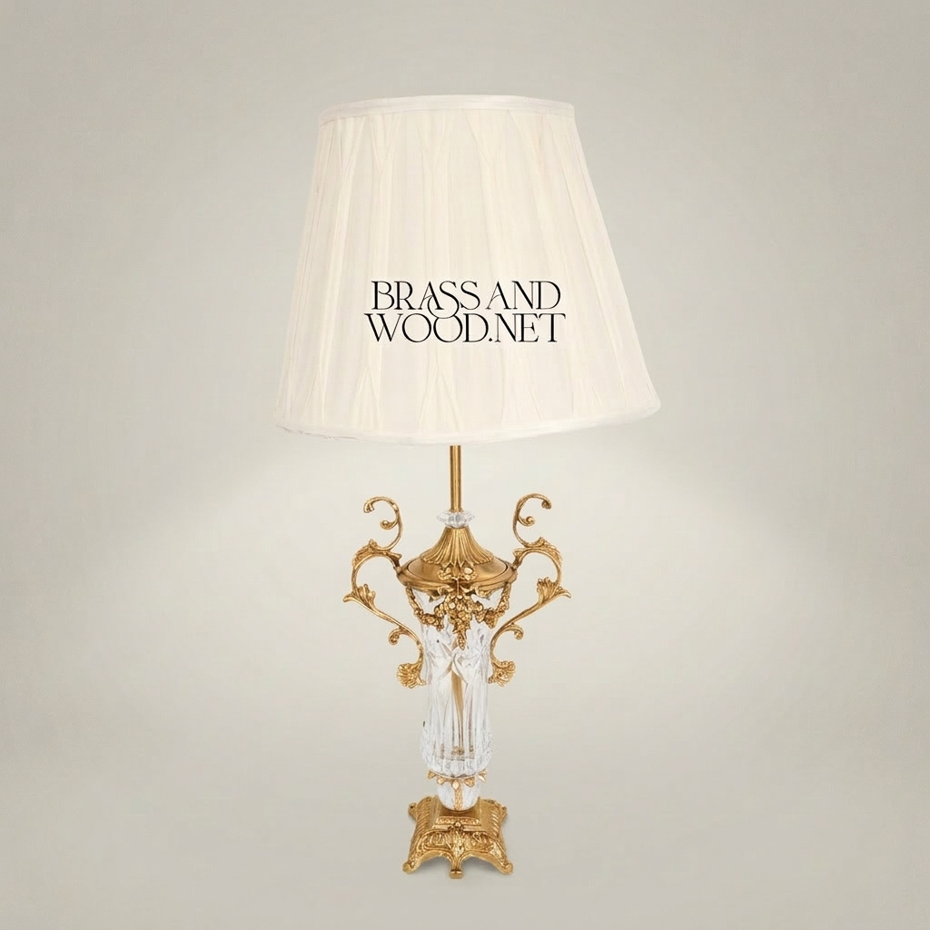 Classical Baroque Crystal & Brass Table Lamp - Ornate Scrollwork Urn Base — Gold