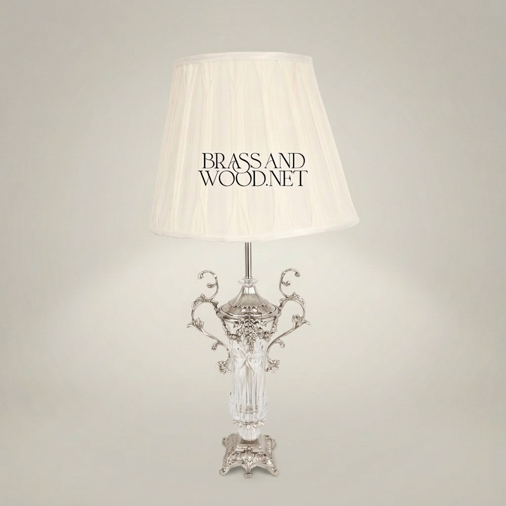 Classical Baroque Crystal & Brass Table Lamp - Ornate Scrollwork Urn Base — Silver