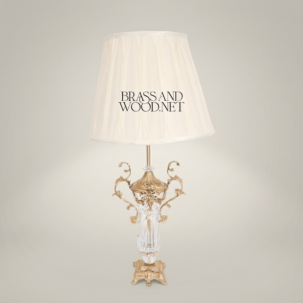 Classical Baroque Crystal & Brass Table Lamp - Ornate Scrollwork Urn Base — Antique Gold