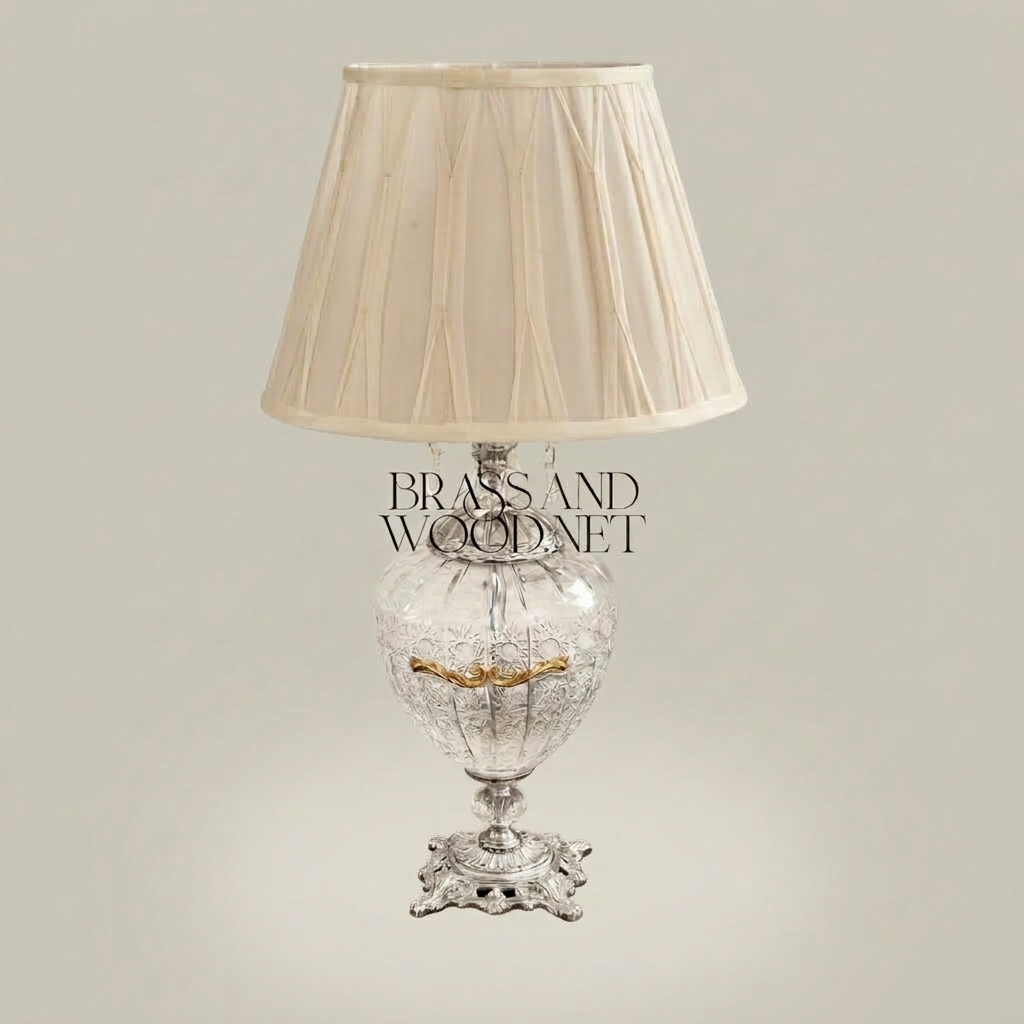 Classical Baroque Crystal & Brass Table Lamp - Ornate Engraved Globe Base — Silver
