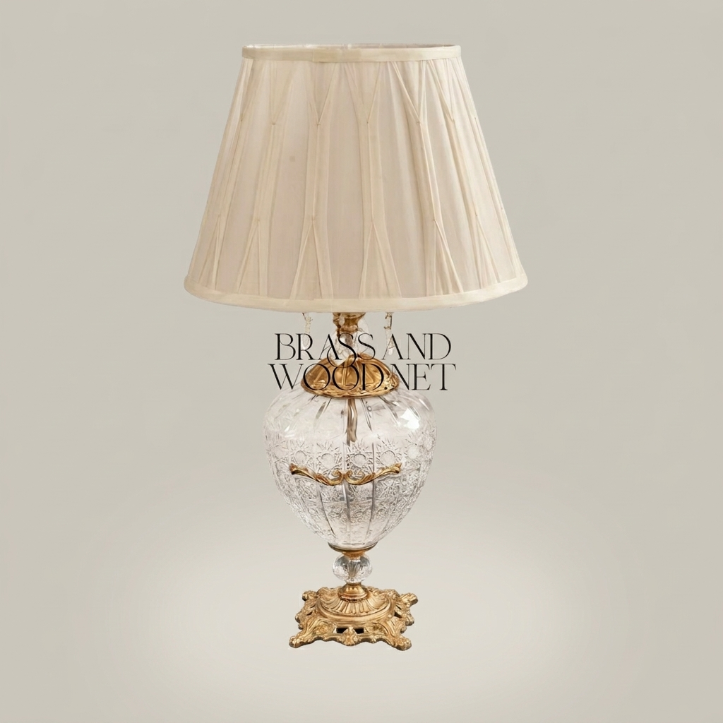 Classical Baroque Crystal & Brass Table Lamp - Ornate Engraved Globe Base — Antique Gold