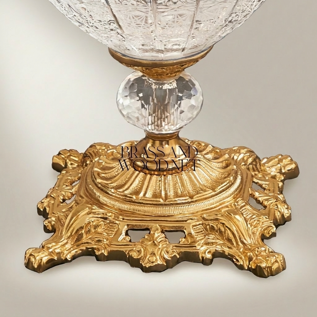 Classical Baroque Crystal & Brass Table Lamp - Ornate Engraved Globe Base — Gold