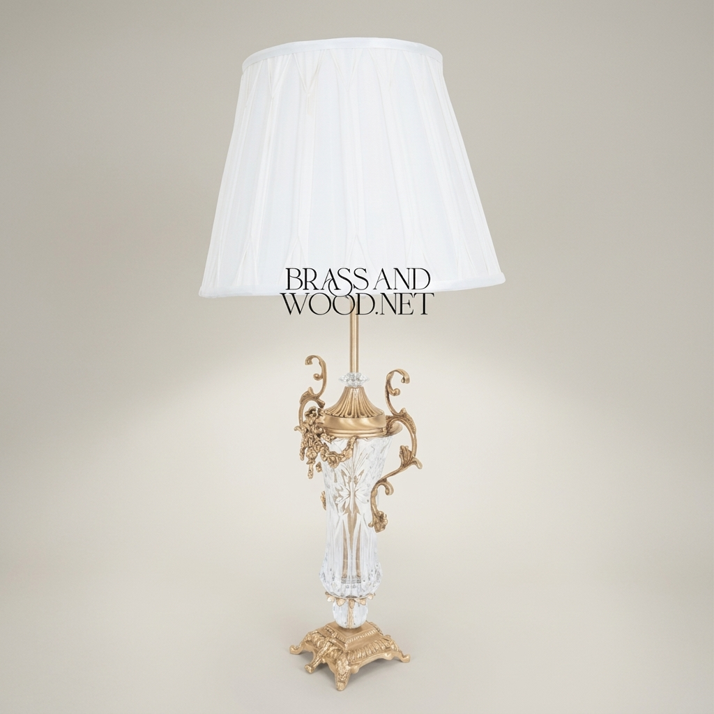 Classical Baroque Crystal & Brass Table Lamp - Ornate Scrollwork Urn Base — Antique Gold