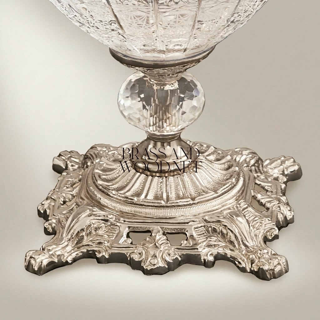 Classical Baroque Crystal & Brass Table Lamp - Ornate Engraved Globe Base — Silver