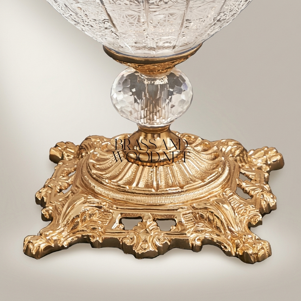 Classical Baroque Crystal & Brass Table Lamp - Ornate Engraved Globe Base — Antique Gold