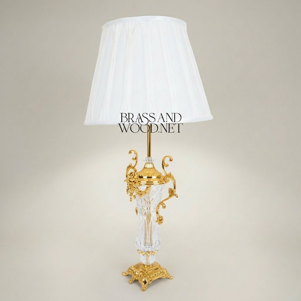 Classical Baroque Crystal & Brass Table Lamp - Ornate Scrollwork Urn Base — Gold