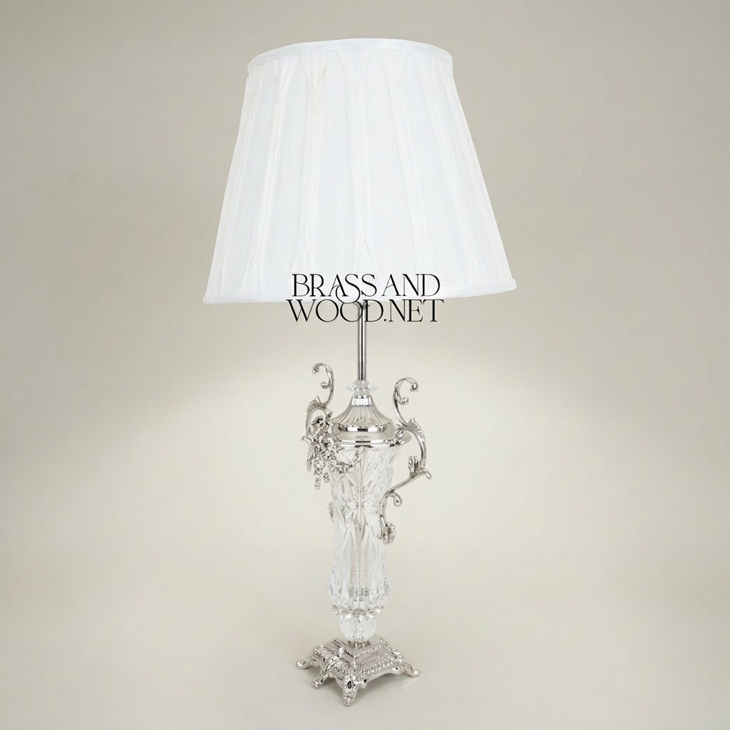 Classical Baroque Crystal & Brass Table Lamp - Ornate Scrollwork Urn Base — Silver