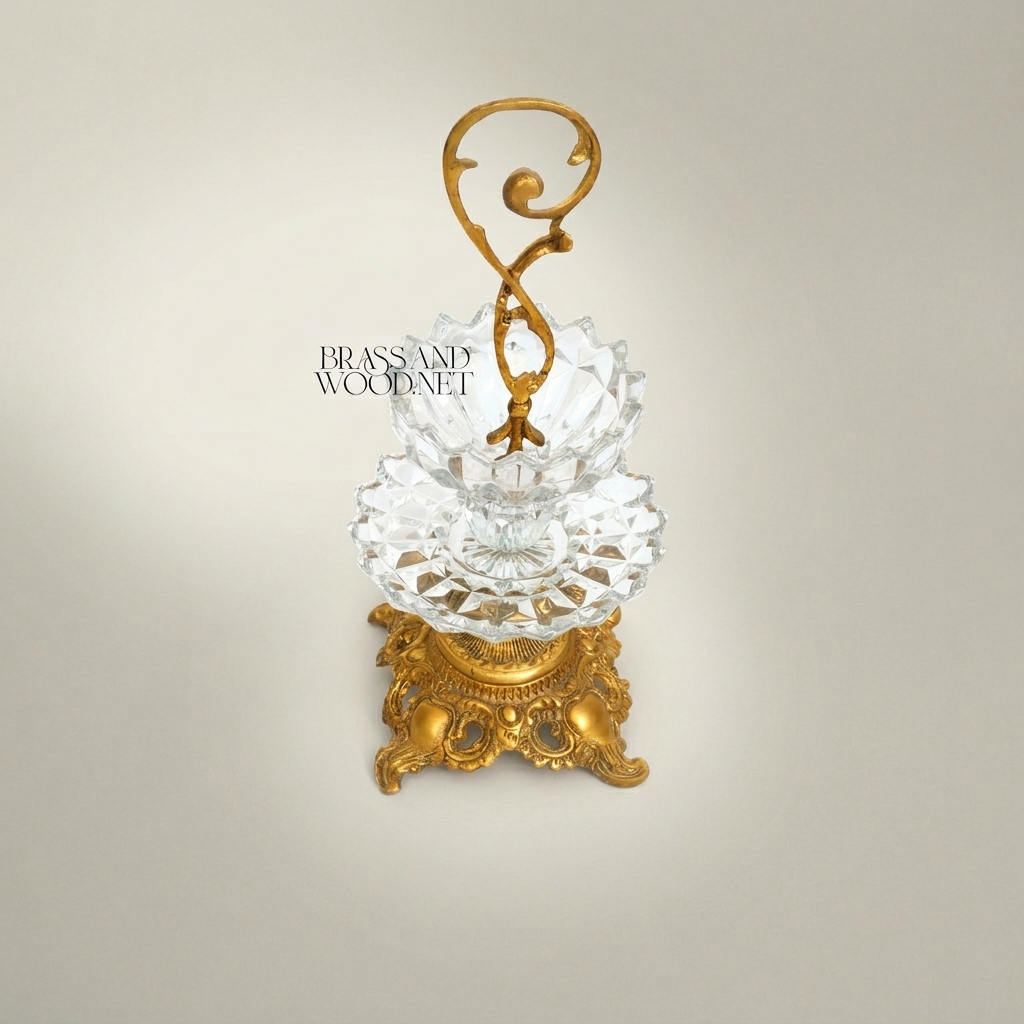 Classical Baroque Crystal & Brass Two-Tier Candy Dish with Scroll Handle — Antique Gold