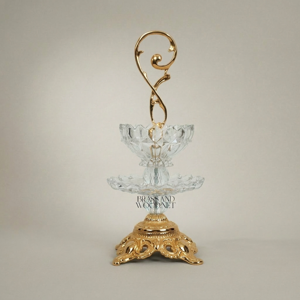 Classical Baroque Crystal & Brass Two-Tier Candy Dish with Scroll Handle