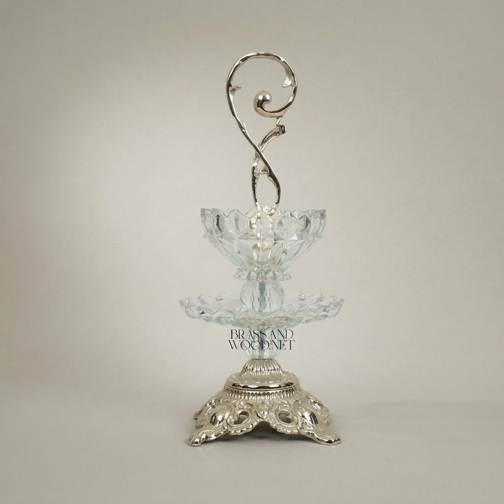 Classical Baroque Crystal & Brass Two-Tier Candy Dish with Scroll Handle — Silver
