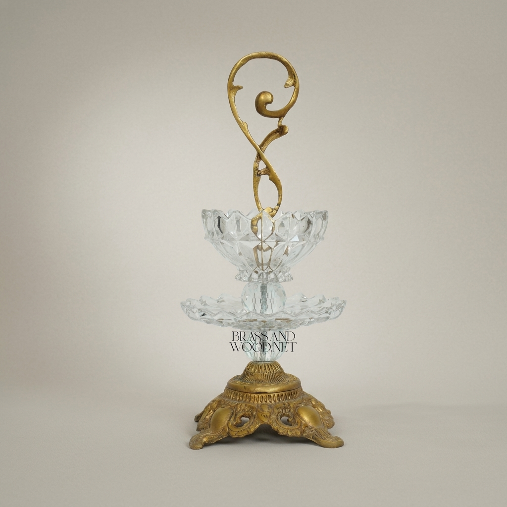 Classical Baroque Crystal & Brass Two-Tier Candy Dish with Scroll Handle — Antique Gold