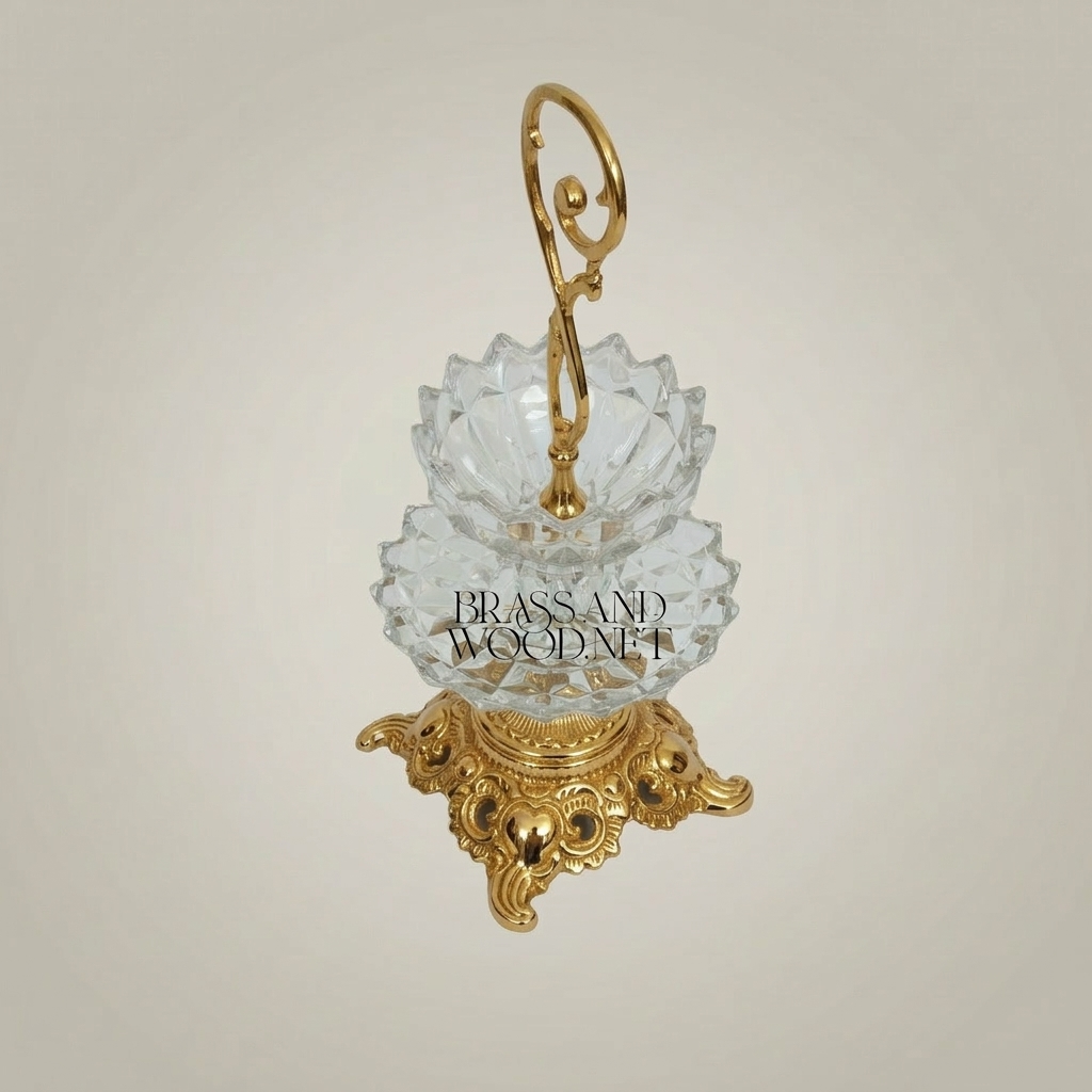 Classical Baroque Crystal & Brass Two-Tier Candy Dish with Scroll Handle — Gold