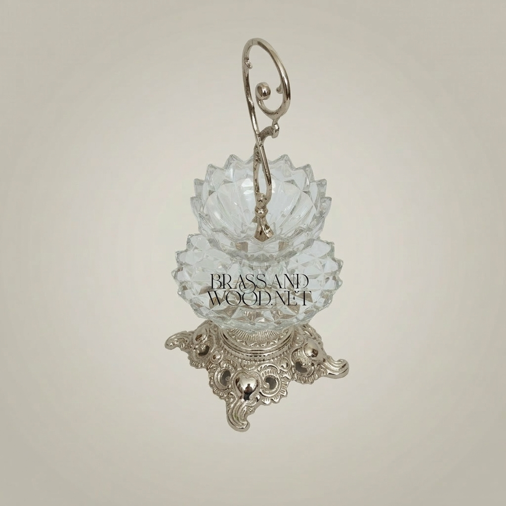 Classical Baroque Crystal & Brass Two-Tier Candy Dish with Scroll Handle — Silver