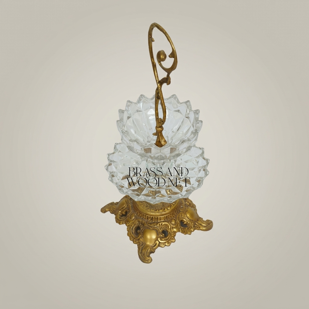 Classical Baroque Crystal & Brass Two-Tier Candy Dish with Scroll Handle — Antique Gold