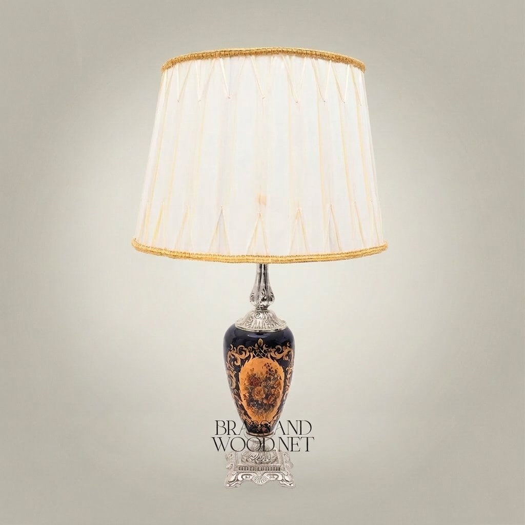 Classical Baroque Hand-Painted Ceramic Table Lamp - Ornate Portrait Vase Base — Silver