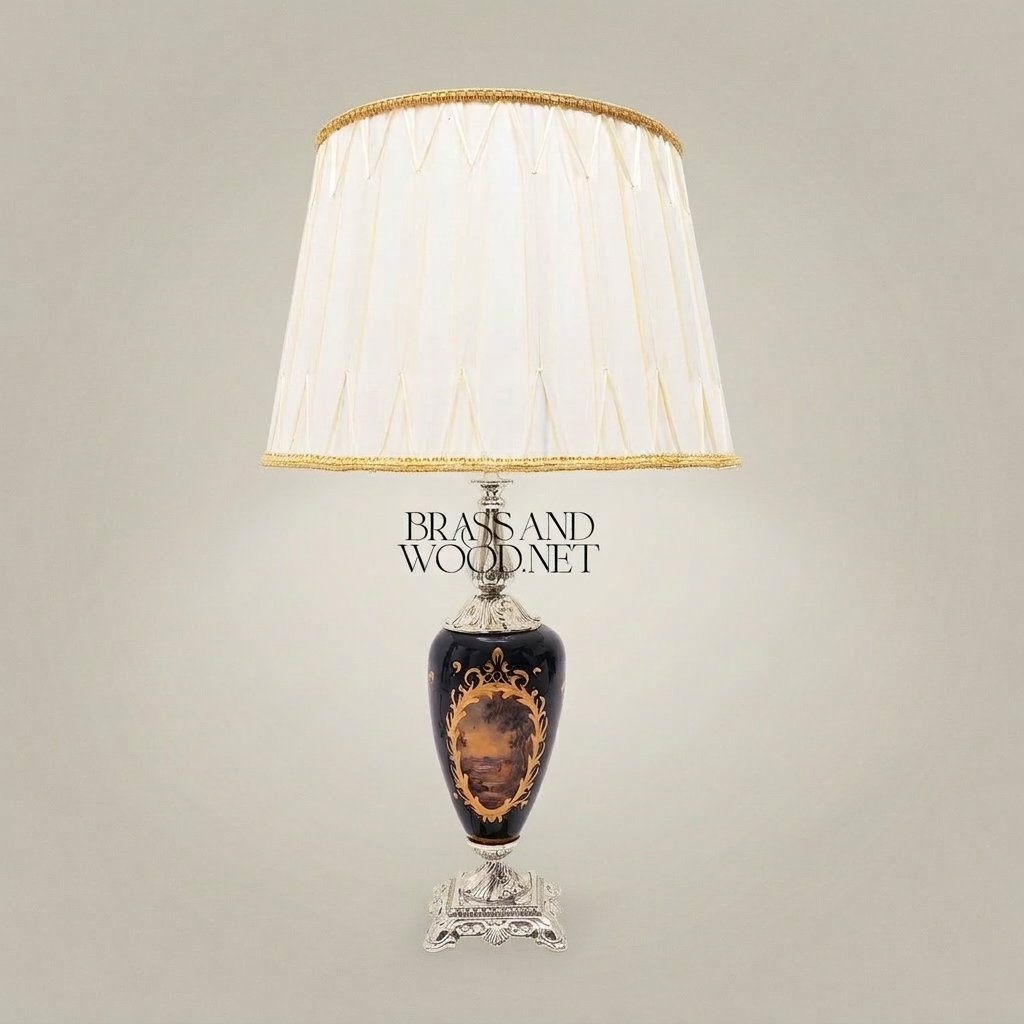Classical Baroque Hand-Painted Ceramic Table Lamp - Ornate Portrait Vase Base — Silver