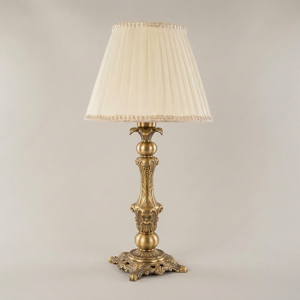 Classical Baroque Table Lamp - Ornate Candlestick Base with Pleated Shade — Antique Gold