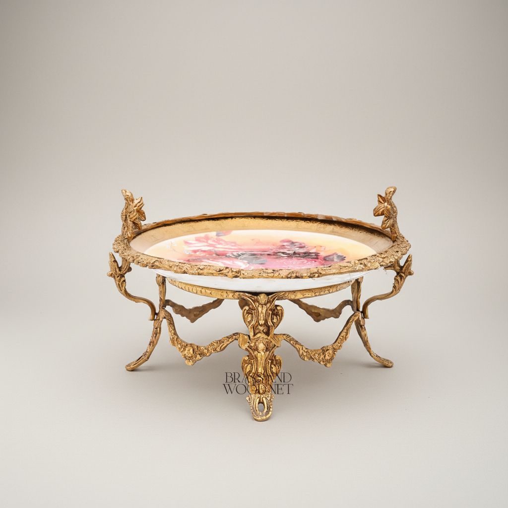 Classical Brass & Ceramic Footed Tazza - Floral Hand-Painted Ivy Leaf Stand — Antique Gold