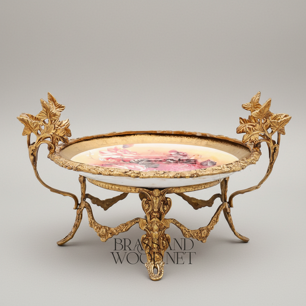 Classical Brass & Ceramic Footed Tazza - Floral Hand-Painted Ivy Leaf Stand