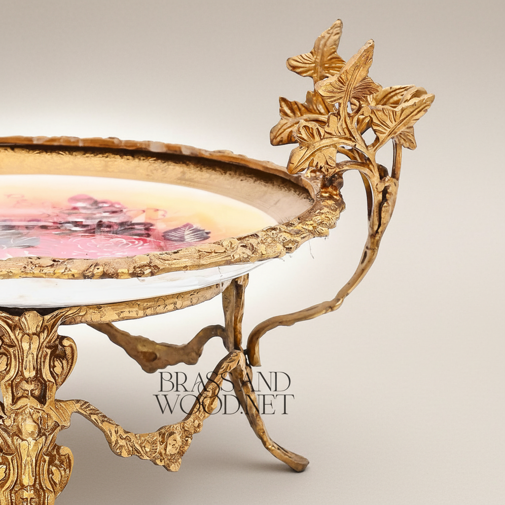 Classical Brass & Ceramic Footed Tazza - Floral Hand-Painted Ivy Leaf Stand — Antique Gold