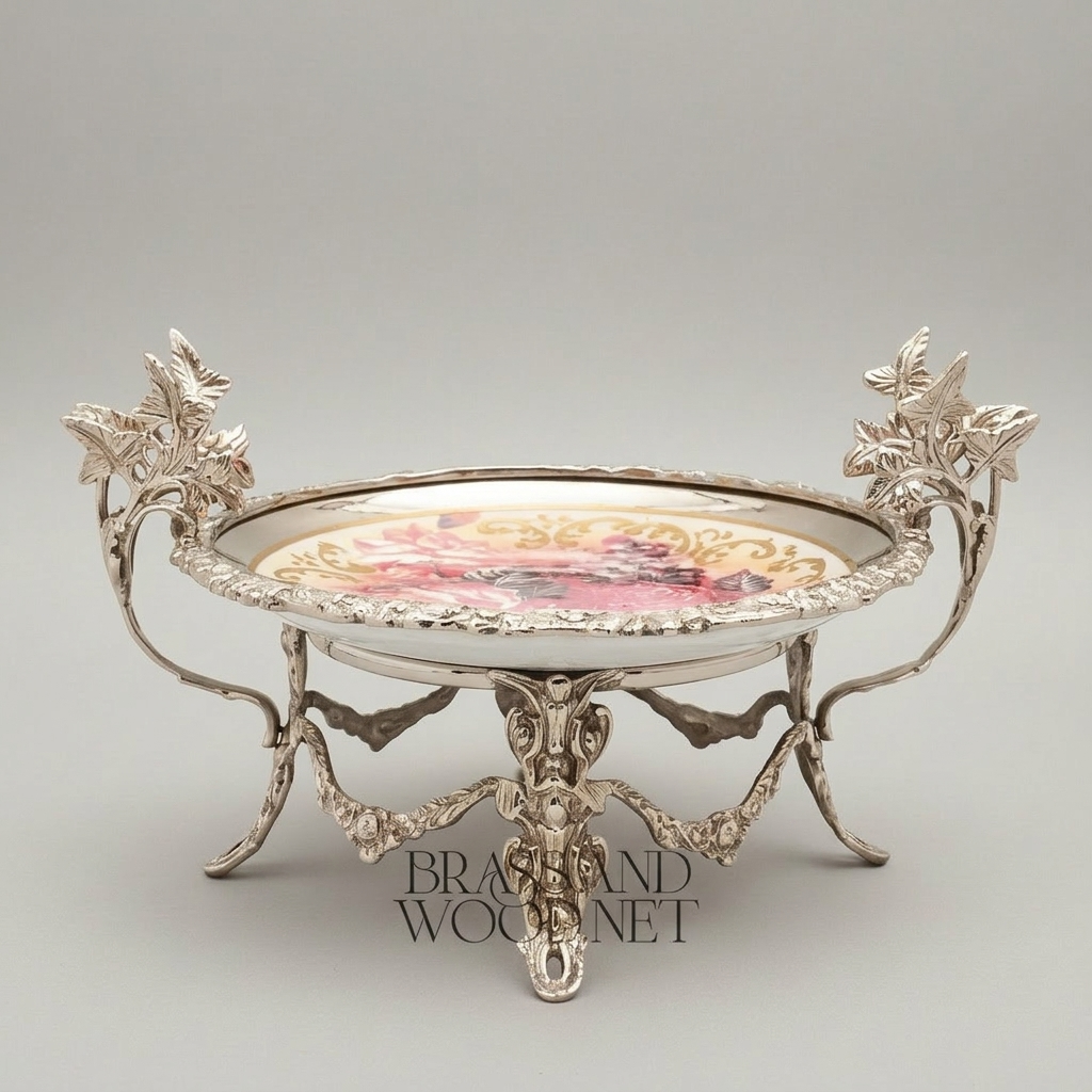 Classical Brass & Ceramic Footed Tazza - Floral Hand-Painted Ivy Leaf Stand — Silver