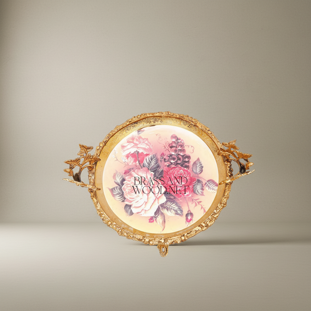 Classical Brass & Ceramic Footed Tazza - Floral Hand-Painted Ivy Leaf Stand — Antique Gold