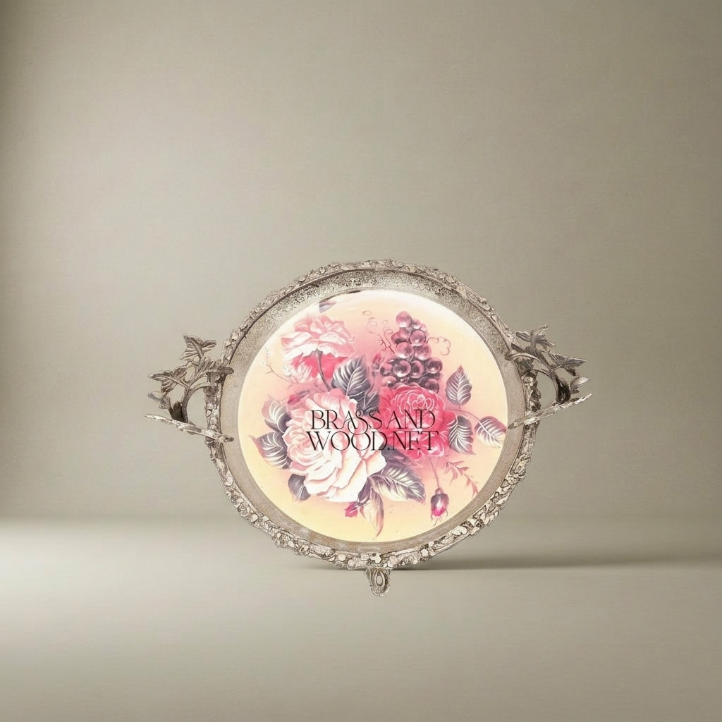 Classical Brass & Ceramic Footed Tazza - Floral Hand-Painted Ivy Leaf Stand — Silver
