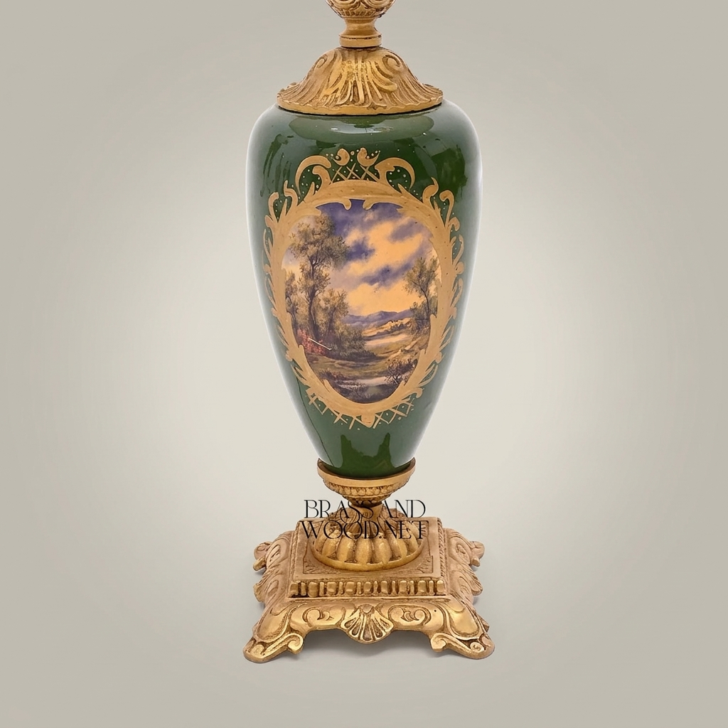 Classical Brass & Ceramic Scenic Table Lamp - Hand-Painted Urn Base — Antique Gold