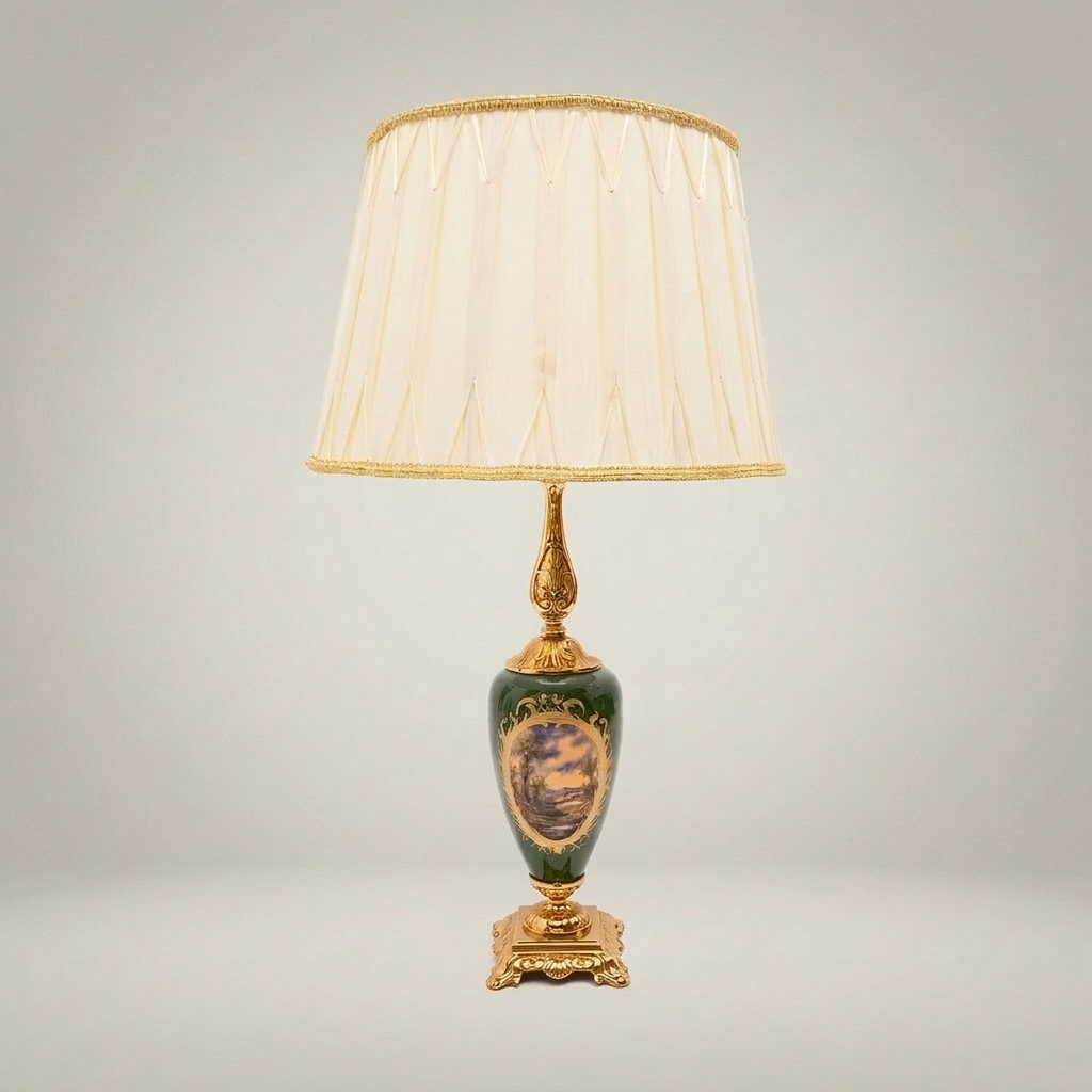 Classical Brass & Ceramic Scenic Table Lamp - Hand-Painted Urn Base — Gold